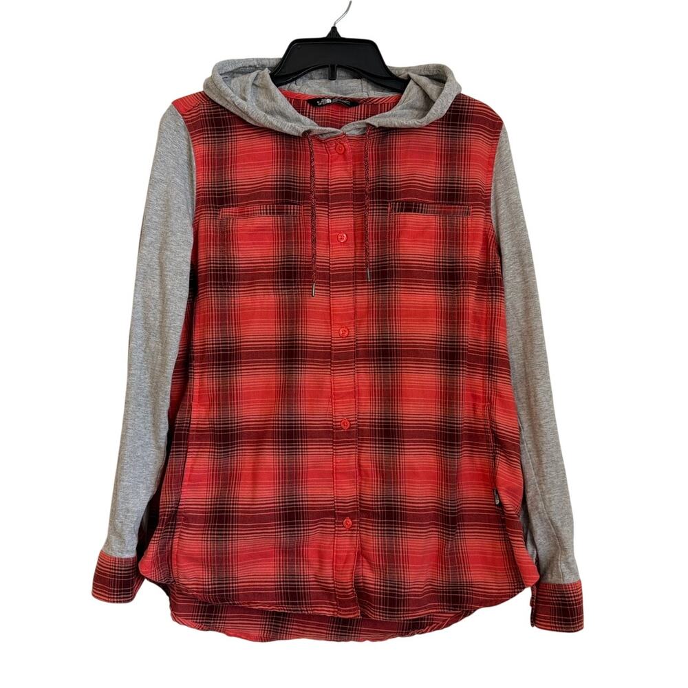 The North Face Hooded Plaid Button Down Shirt, Red Gray, Women’s Medium